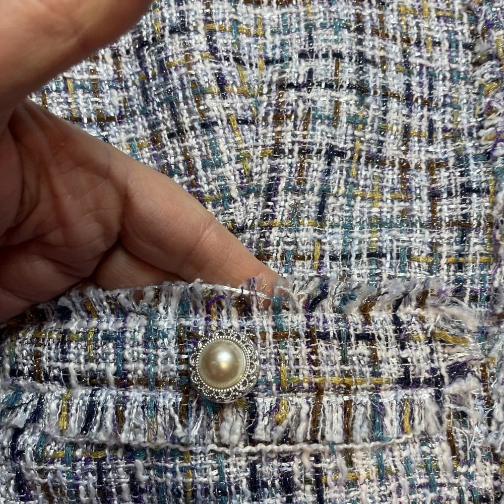 Nanette Lepore Nora‎ Boucle Jacket Womens L Blue Metallic Tweed Pearl Buttons - Picture 8 of 11